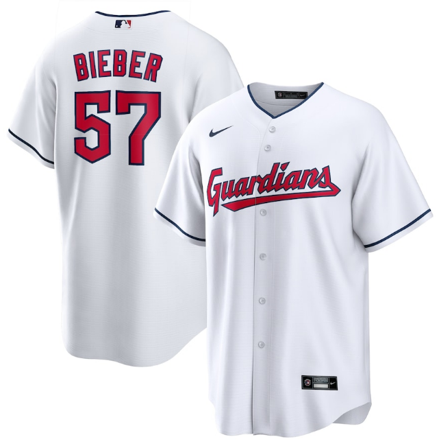 Men's Cleveland Guardians #57 Shane Bieber White Cool Base Stitched Baseball Jersey Men's Cleveland Guardians #57 Shane Bieber White Cool Base Stitched Baseball Jersey